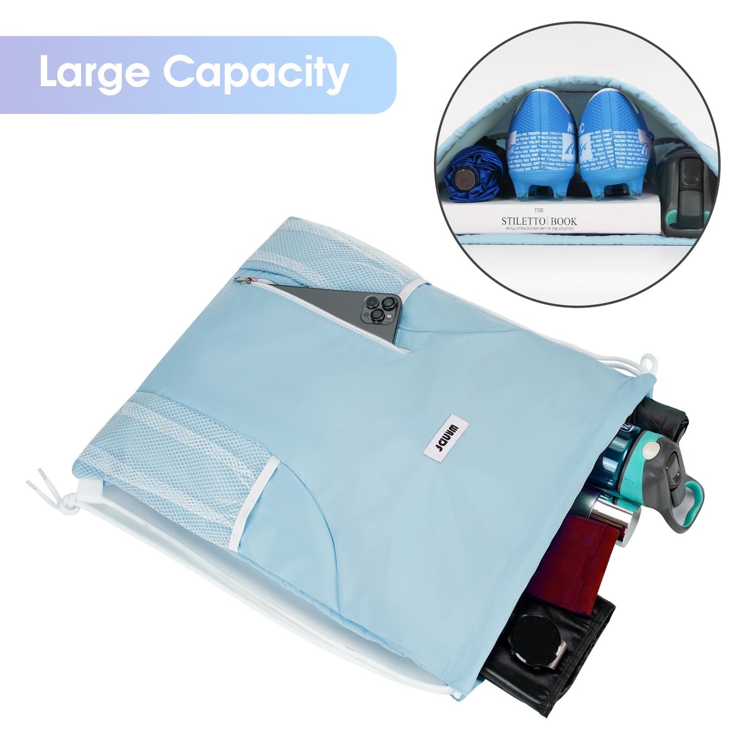 WANDF Drawstring Backpack Sports Gym Sackpack with Mesh Pockets Water Resistant String Bag for Women Men(Light Blue)