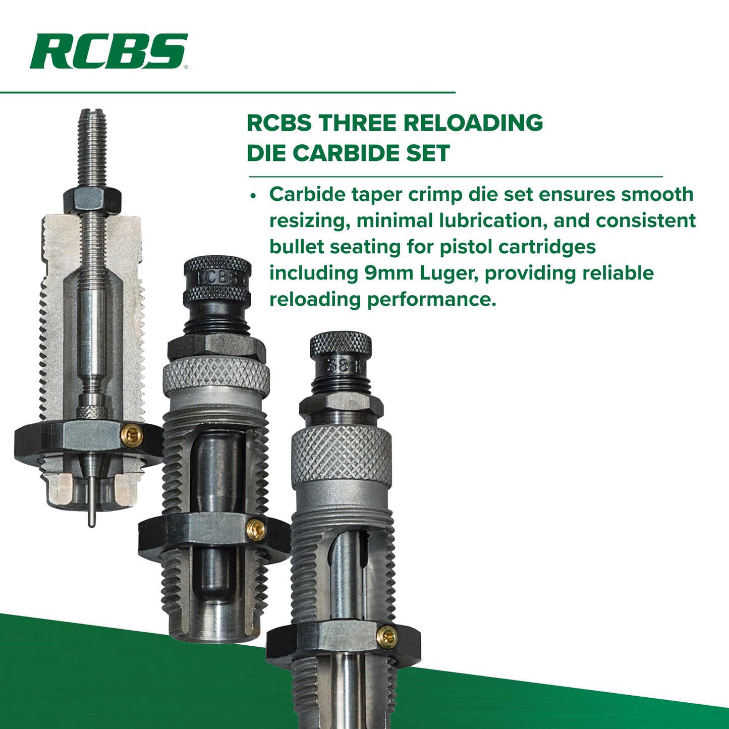 RCBS Carbide Die Set – 9mm Luger – 3 Die Set – Green