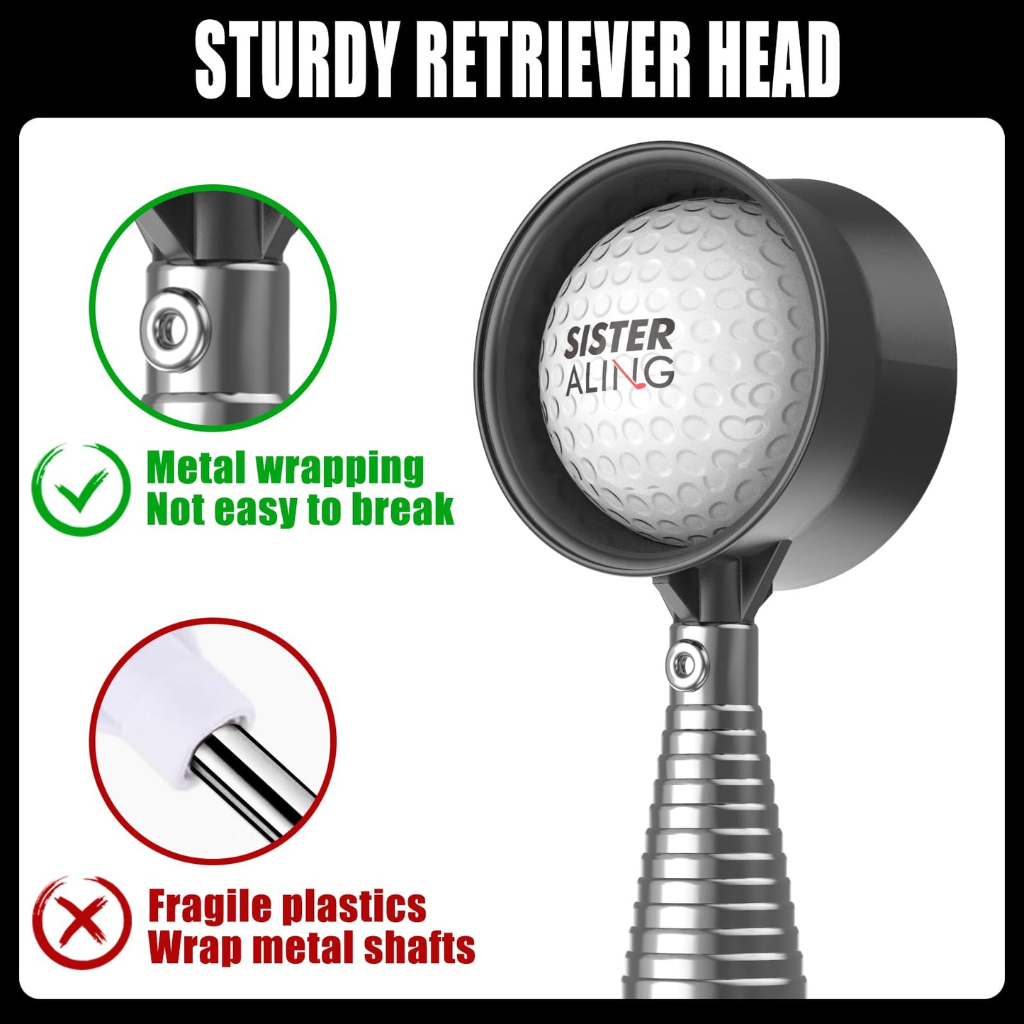SisterAling 9ft/12ft Water Telescopic Golf Ball Retriever,Classic and Durable Stainless Steel Pick-Up Upper Grabber Tool,The Best Accessory Gift for Men and Women Golfers.(Black, 9Ft)