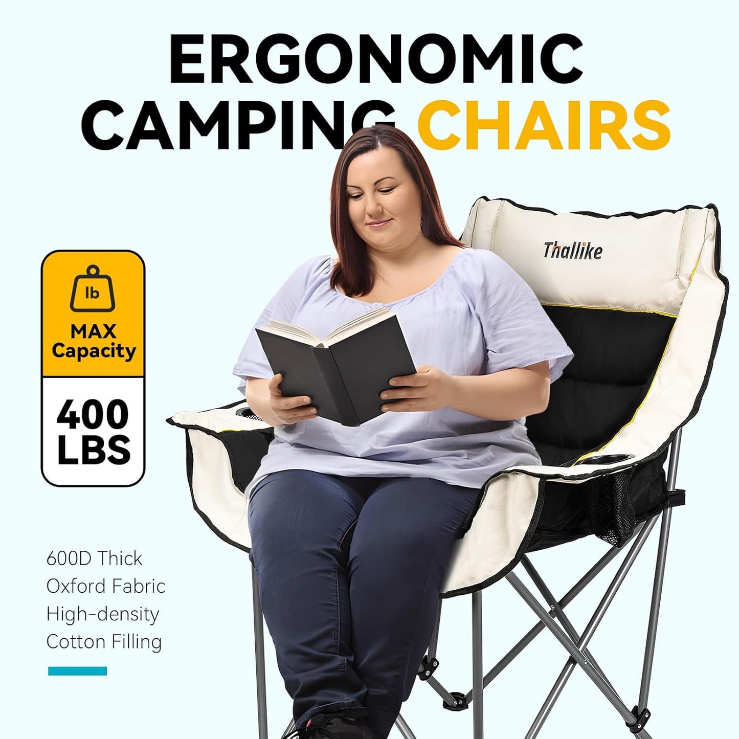 Skiennix Oversized Camping Chair - Heavy Duty Folding Design with Cup Holders & Storage Pocket | Supports 400lbs