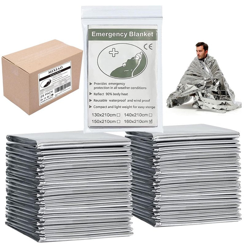 MIXIAO Emergency Foil Thermal Blanket (Pack of 25), 210 x 160 cm (82" x 63") Emergency shelter Survival Reflective Blankets Perfect for Outdoors, Hiking, Survival, Marathons or First Aid
