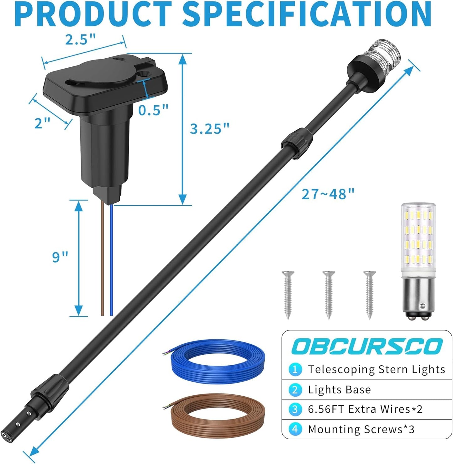 Obcursco LED Boat Stern Light - Telescoping 27"-48" Adjustable Navigation Light | 12V, 3NM, 360° for Pontoon & Yacht