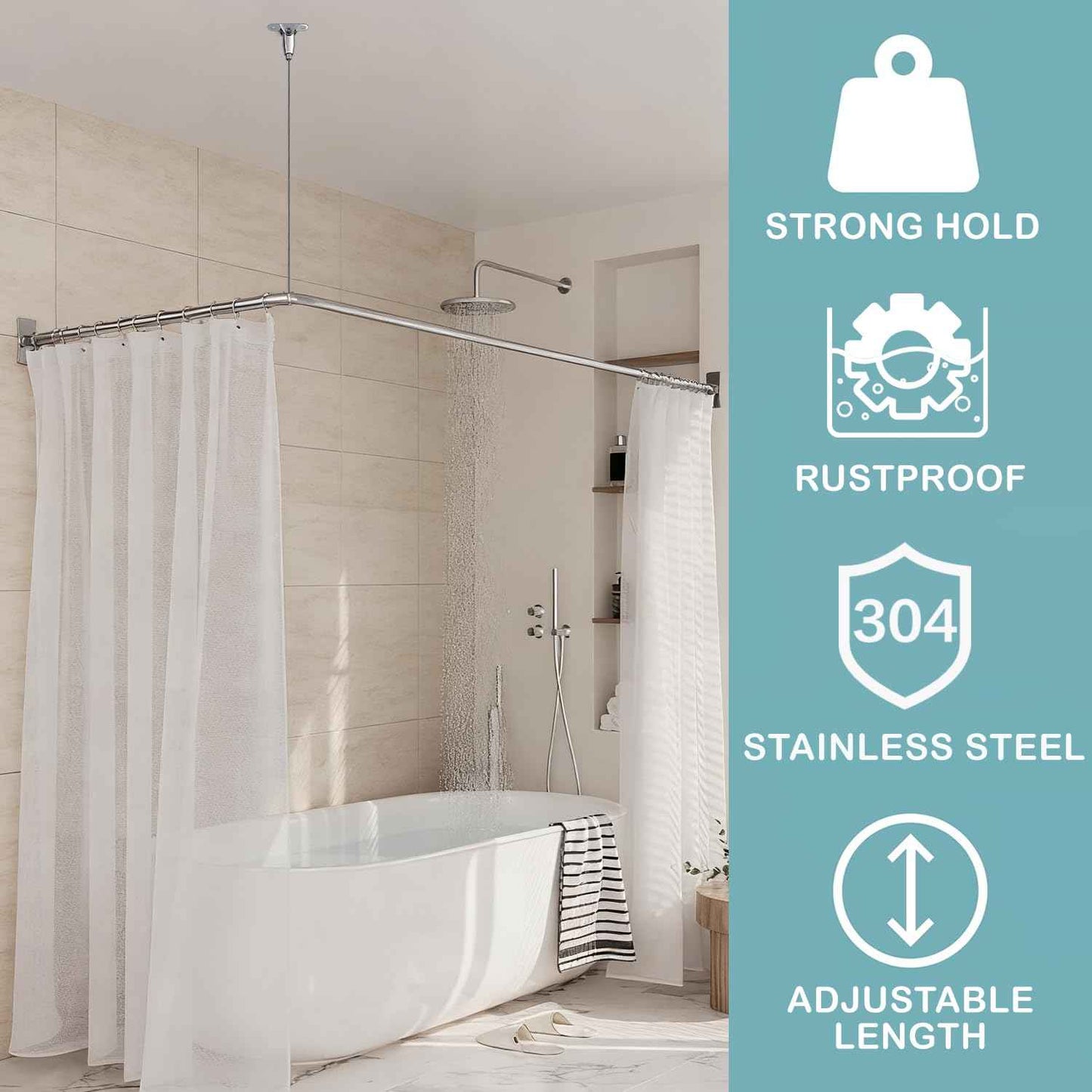 Shower Rod Ceiling Support Bracket 2-Pack – Anti-Sagging 304 Stainless Steel, 60" Adjustable Rust-Resistant, Fits Curved/L/U-Shaped Rods