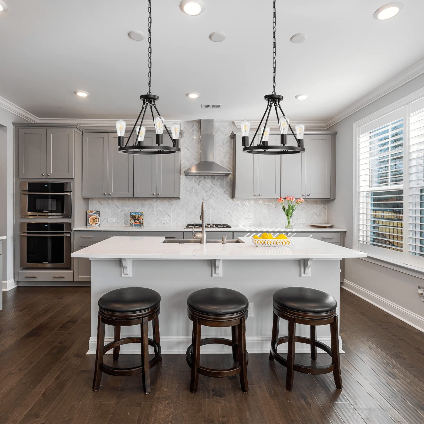 4-Light Plug in Chandelier with Dimming and Timer Switch,Black Wagon Wheel Round Metal Chandelier,Hanging Light with 16.5ft Cord,Modern Industrial outdoor light fixture for gazebo,Bedroom,Dining Room