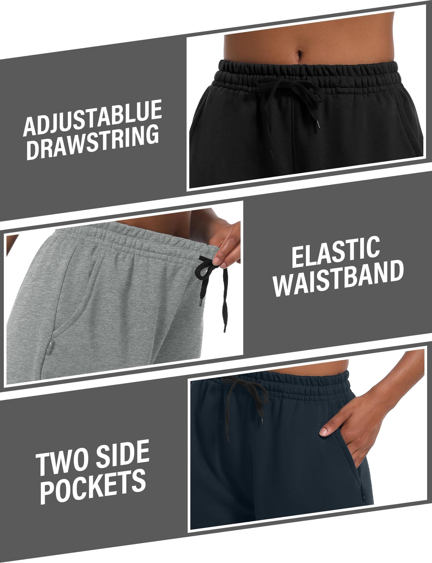 Dalavch 4 Pack Women's Summer Sweat Shorts Cotton Comfy Drawstring Shorts for Casual Lounge Sport Athletic with Pockets 2 Black 1 Pitch Blue 1 Heather Grey X-Large