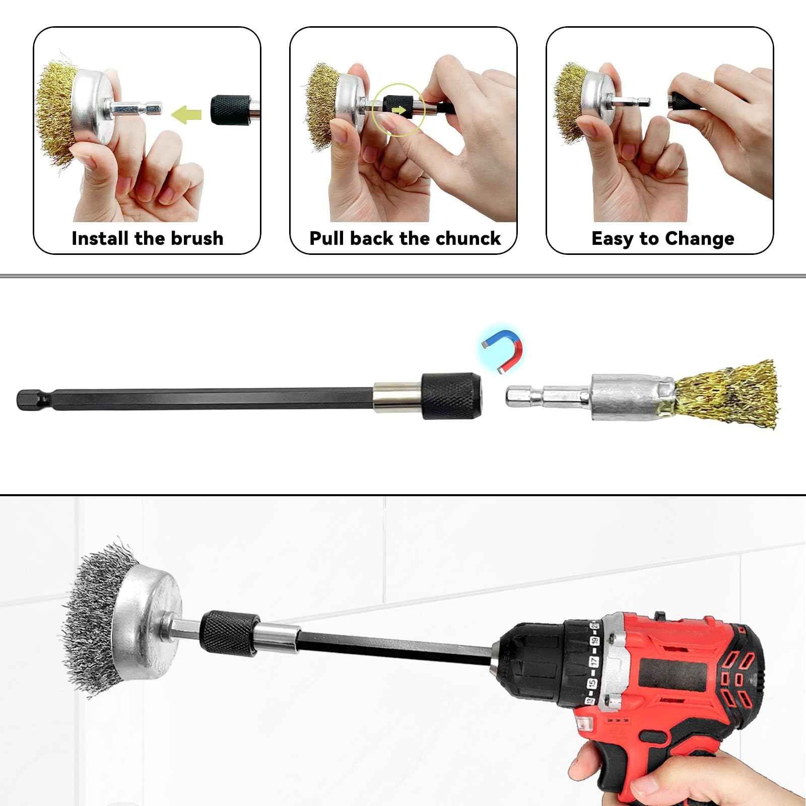 Daily Treasures 10 Pack Wire Wheel Cup Brush Set for Drill Abrasive with 1/4" Hex Shank,Extension Rod for Safty,Brass Coated Crimped Drill Sanding Attachment，Metal Brush for Drill Rust Removal