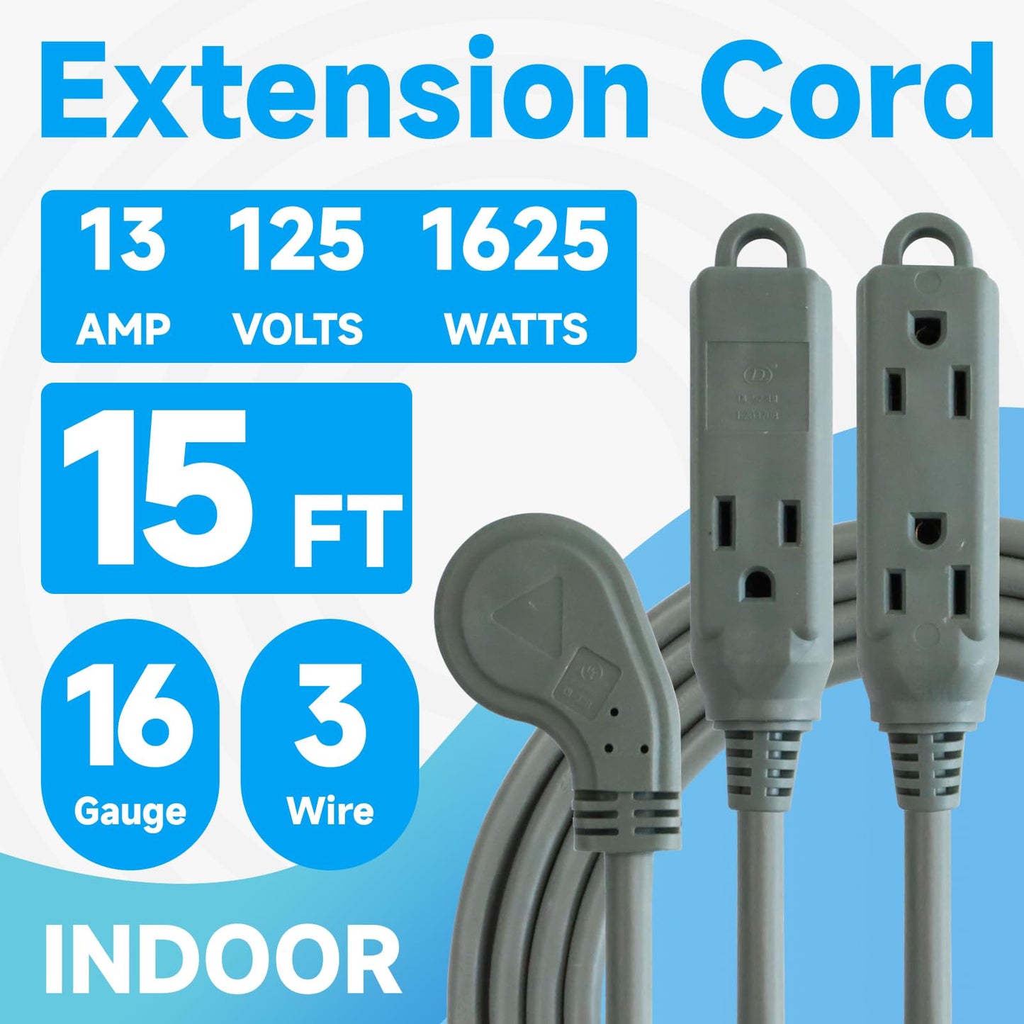 GREATIDE 15 Ft Flat Plug Extension Cord，16/3 SJT Indoor Low Profile 3 Outlets Extension Cable with 45° Angled Flat Plug, Multiple Outlets Extension Cord, Grey