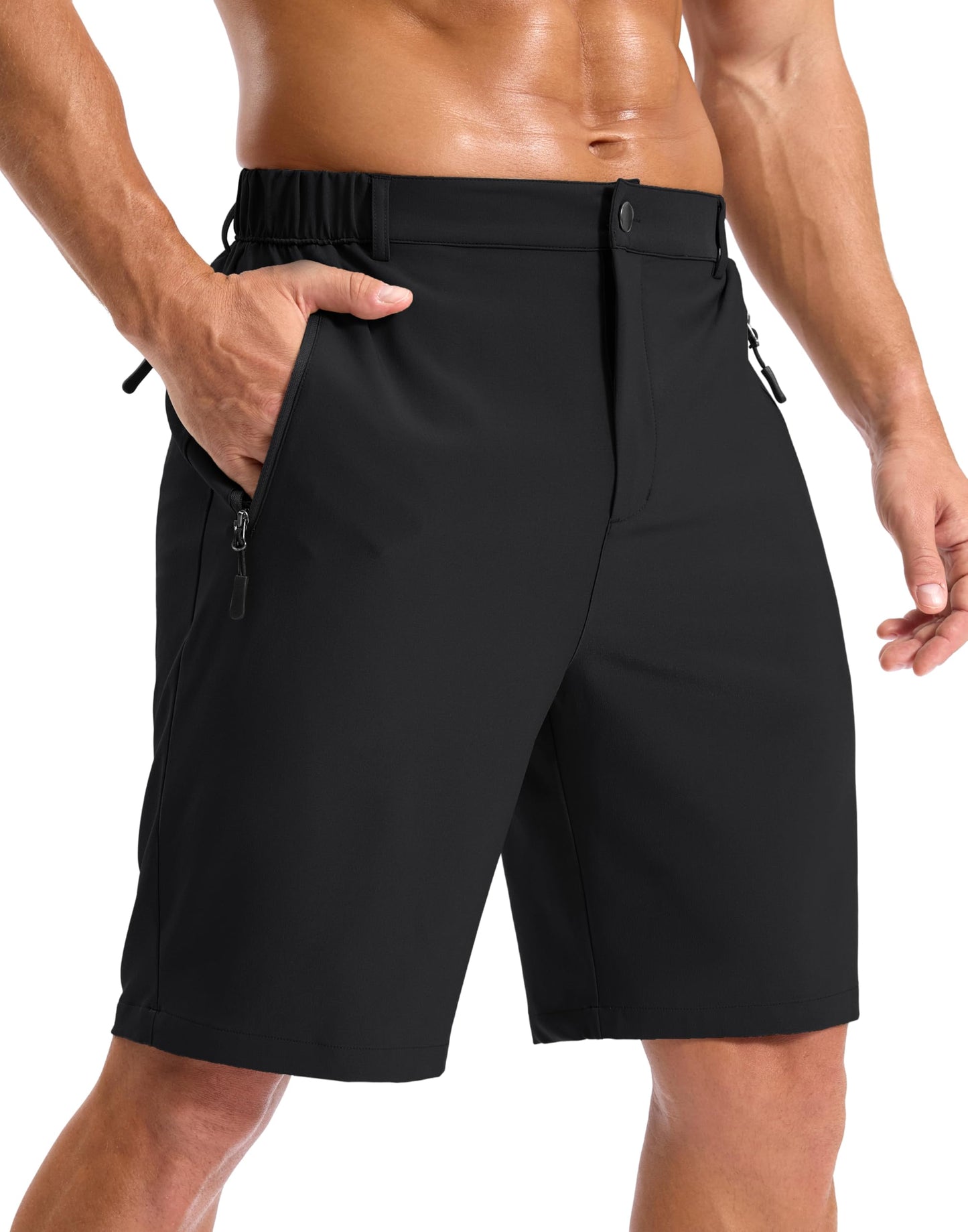 Pudolla Mens Hiking Shorts 5"/7"/9" Lightweight Quick Dry Casual Golf Shorts for Men Work Fishing with 3 Zipper Pockets(Black 9 Inseam-S)