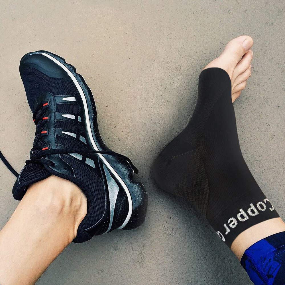 Copper Compression Foot Sleeves - Plantar Fasciitis, Achilles, Ankle Support Brace Socks - Day/Night Relief from Heel Spurs, Arch Pain, Swelling, Soccer Injuries, Golf, Running - 1 Pair Black - S/M