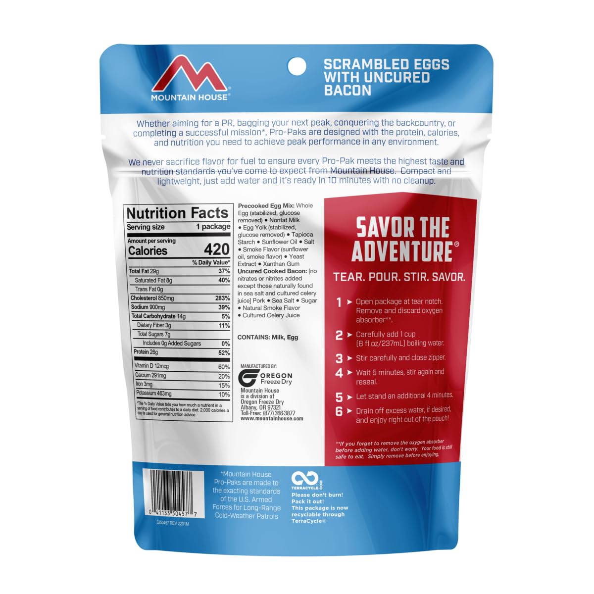 Mountain House Scrambled Eggs with Uncured Bacon Pro-Pak - Freeze-Dried Camping Food | Gluten-Free | 1 Serving