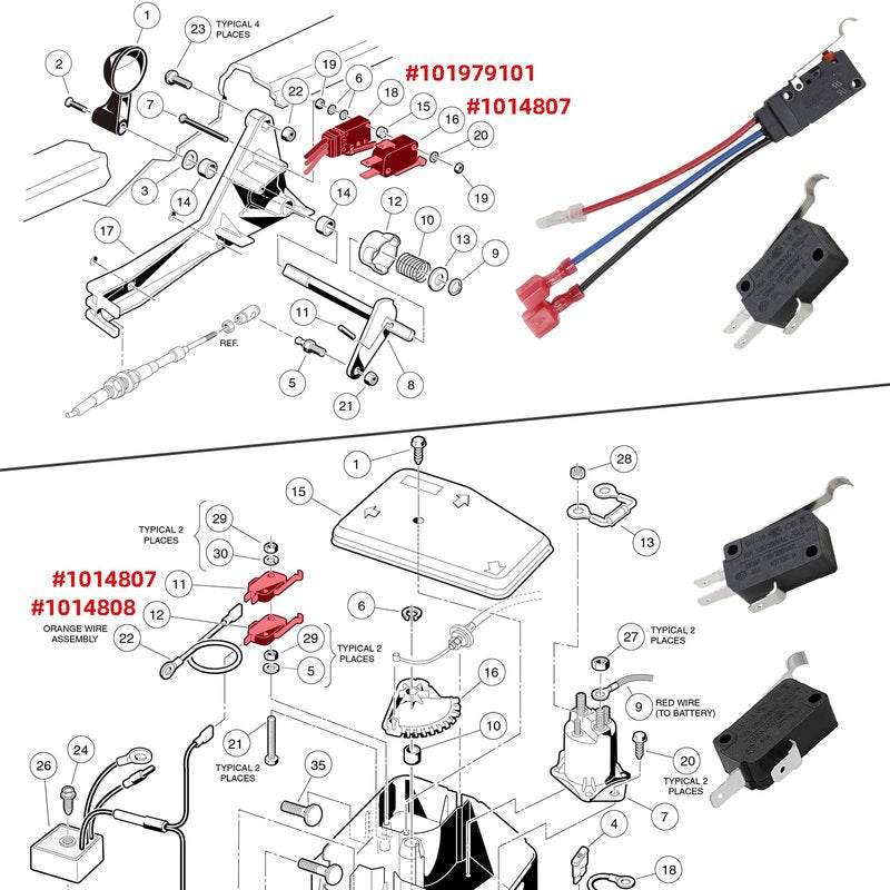 Roykaw Golf Cart Micro Switch Kit for Club Car DS/Precedent 1999+, Forward Reverse with Wires, 2/3 Pong, Reverse Warning Limit, 4PCS, OEM# 101979101, 1014807, 1014808