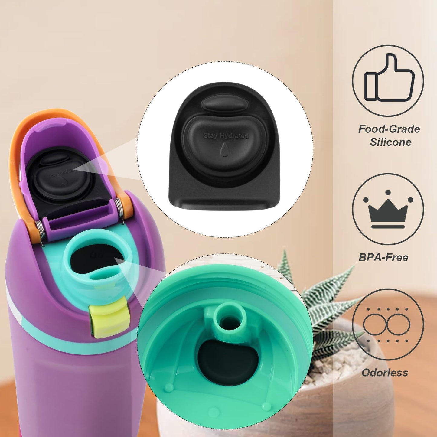 2pcs Rubber Bottle O Seal Ring & 2pcs Replacement Stopper for Owala FreeSip 24oz 32oz, BPA-Free Silicone Water Bottle Top Lid Mouth Parts for Owala 16/19/24/32/40oz Cap Gasket Plug Accessories(Black)
