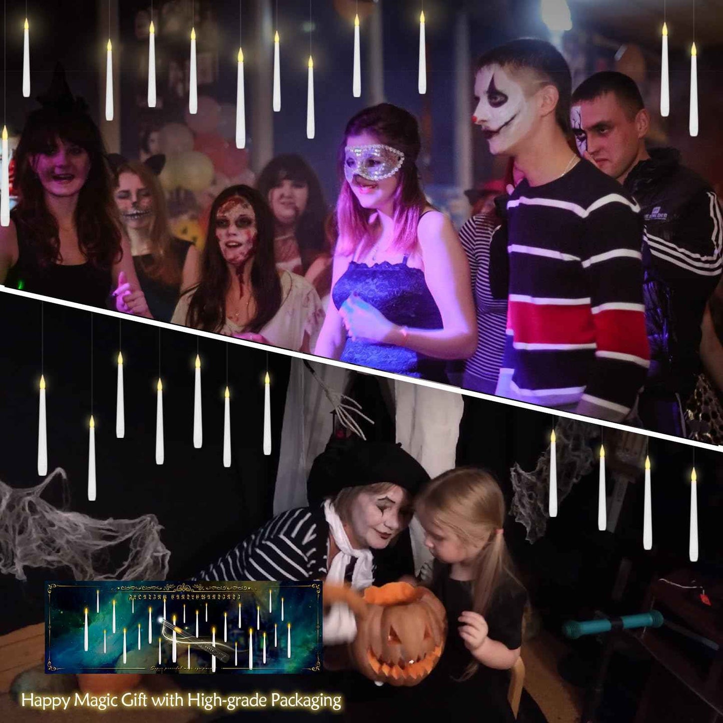 Eebuss Flameless Floating Candles with Magic Wand, 12 Pcs Hanging Flickering LED Taper Candles, Battery Operated Taper Candle with Remote for Children Gift Halloween Decor (White)