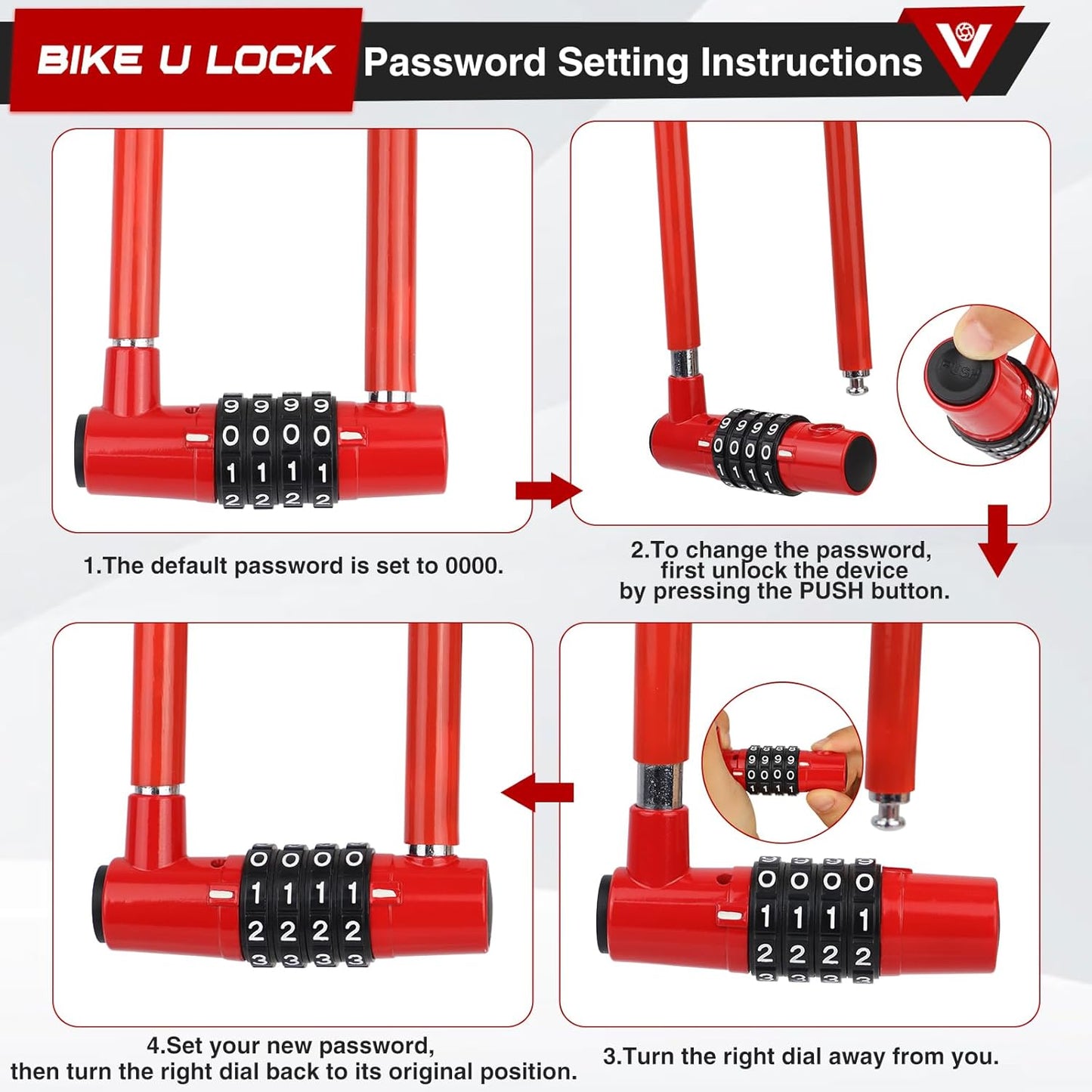 Skiennix Bike U Lock - Heavy-Duty 4-Digit Combination U-Shaped Bicycle Lock for Ultimate Security