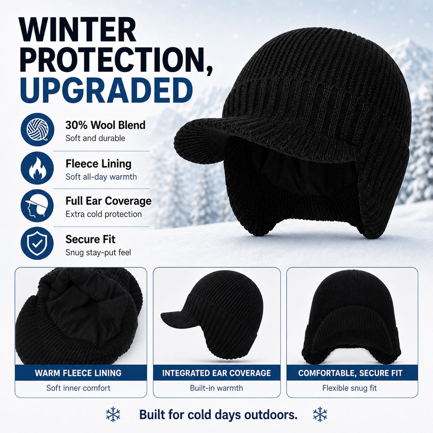 M/L/XL/XXL Waterproof Merino Wool Brim Beanie for Men with Ear Flap, Outdoor Warm Fleece Lined Knit Winter Hat for Big Heads