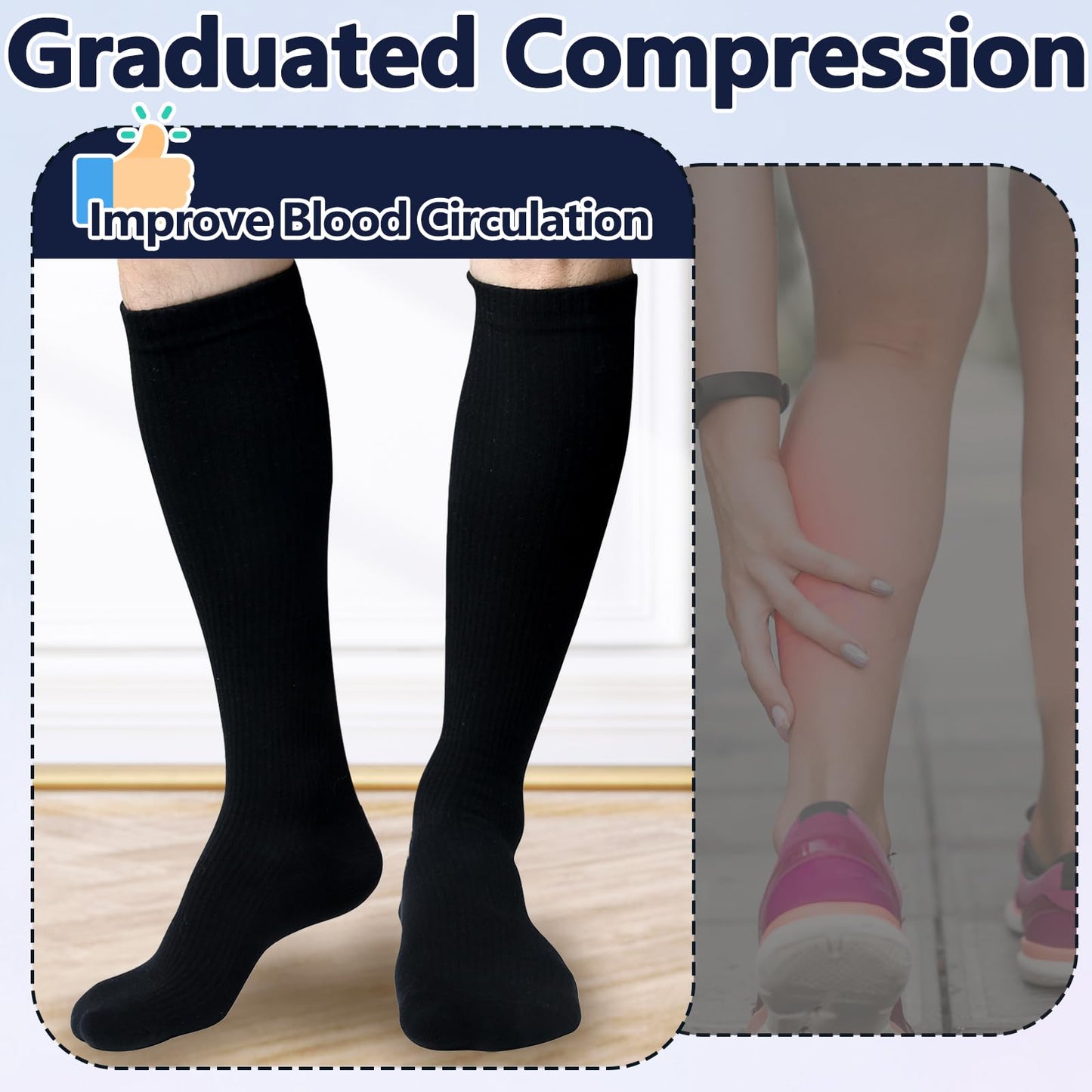+MD Cotton Compression Socks for Women & Men 6 Pairs 15-20mmHg Knee High for Sports, Travel, Nursing, Long Sitting Standing 6Black 10-13