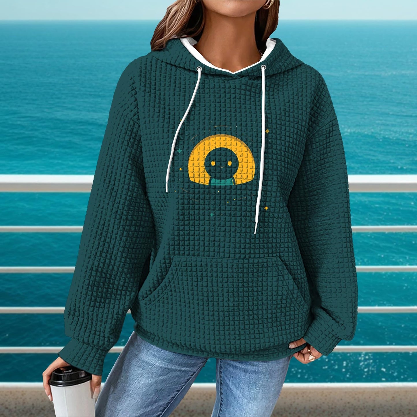 domirica Womens Sweatshirts Girl Graphic Elegant Loose Fit Business Casual Waffle Sweatshirt Women Long Sleeve Drawstring Pullover With Pocket Retro Workout Oversized Outfits Street Wear,XL