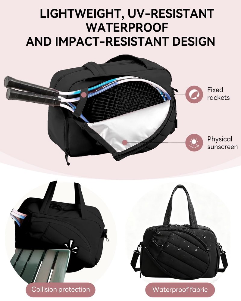 Tennis Tote Bag for Women – Waterproof Lightweight Travel Gym Bag with Shoulder Strap, Holds 2 Rackets, Pickleball & Badminton Bag with Shoe Compartment, Wet/Dry Separation, Fits 15.6" Laptop, Black