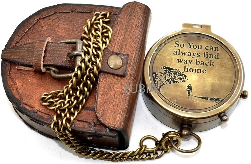 Engraved Brass Pocket Compass with Leather Case – “So You Can Always Find Your Way Back Home” – Vintage Compass for Hiking, Camping, Travel – 2x2x1 Inch