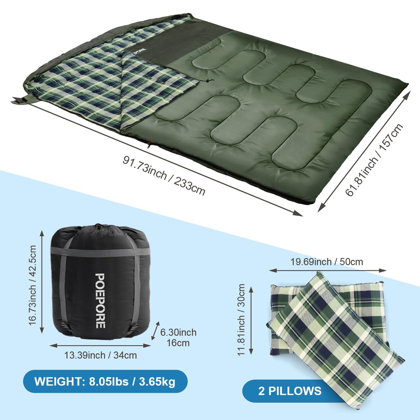 POEPORE Double Sleeping Bag Flannel for Adults with 2 Pillows 2 Person Sleeping Bags Camping XXL Queen Size Two Person Sleeping Bag for Cold Weather Green
