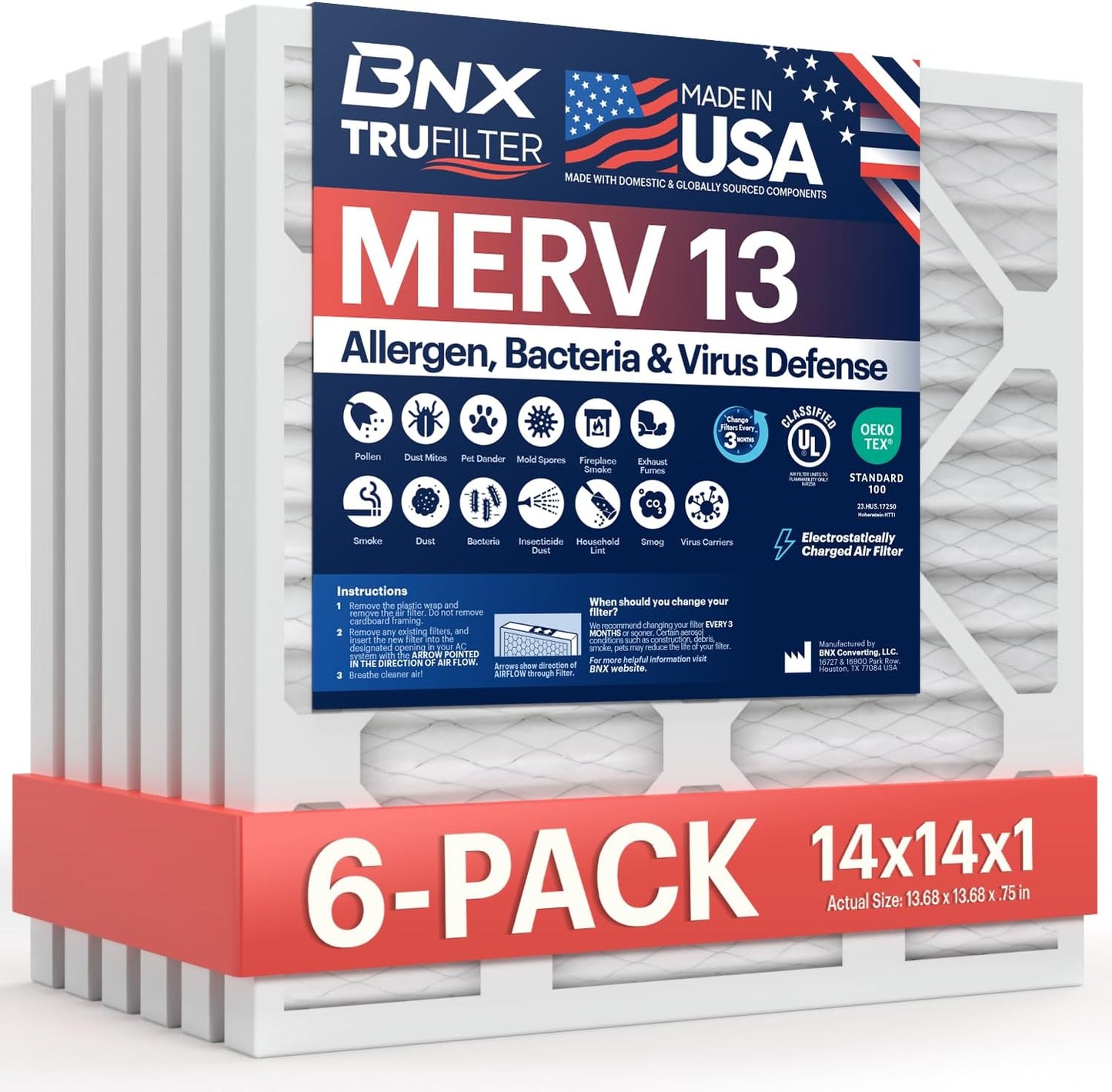 BNX TruFilter 12x12x1 MERV 8 Air Filters (6-Pack) - USA-Made Dust & Pet Defense for HVAC