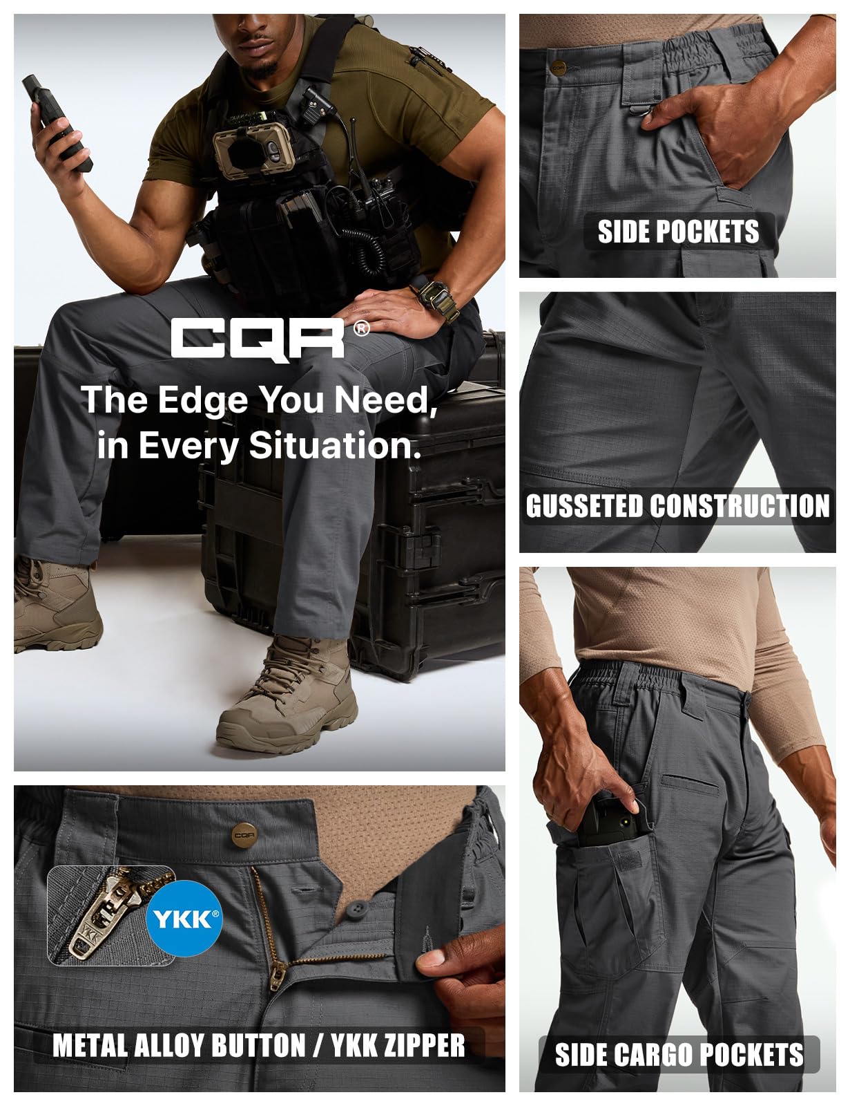 CQR Men's Tactical Pants, Water Resistant Ripstop Cargo Pants, Lightweight EDC Work Hiking Pants, Outdoor Apparel, Raider Mag Pocket Charcoal, 32W x 32L