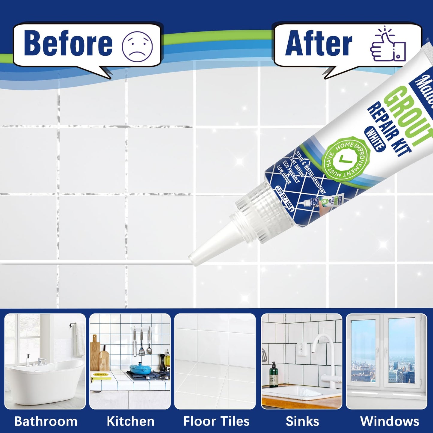 Tile Grout Repair Kit, 2 Pack Grout Filler, Grout Sealer Bathroom Shower Kitchen Floor Tile, Fast Drying Tile Grout Paint, Restore and Renew Tile Joints Line, Gaps, Replace Grout Pen(White)