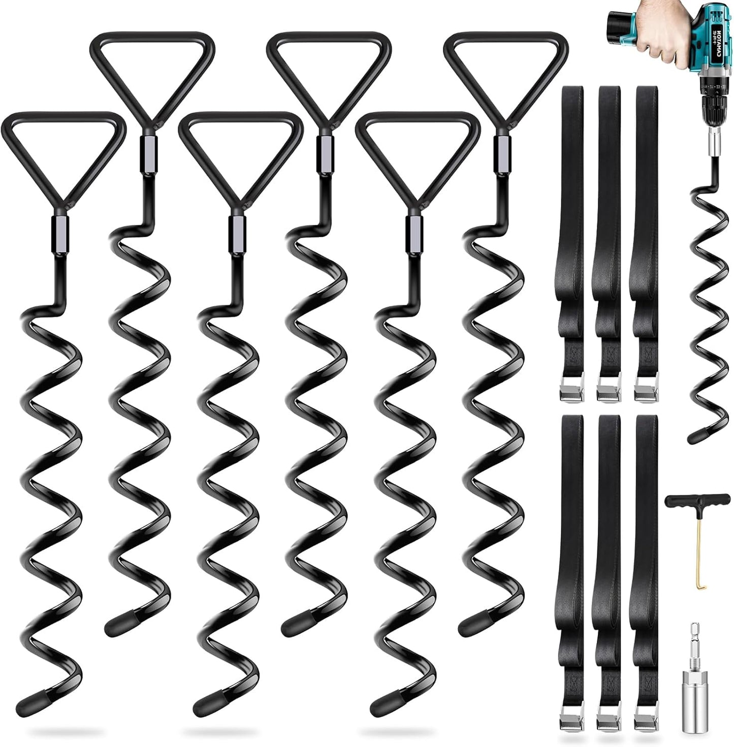 Skiennix Trampoline Ground Anchors - Heavy-Duty Screw-In Stakes with Strong Straps | Black, 6-Pack