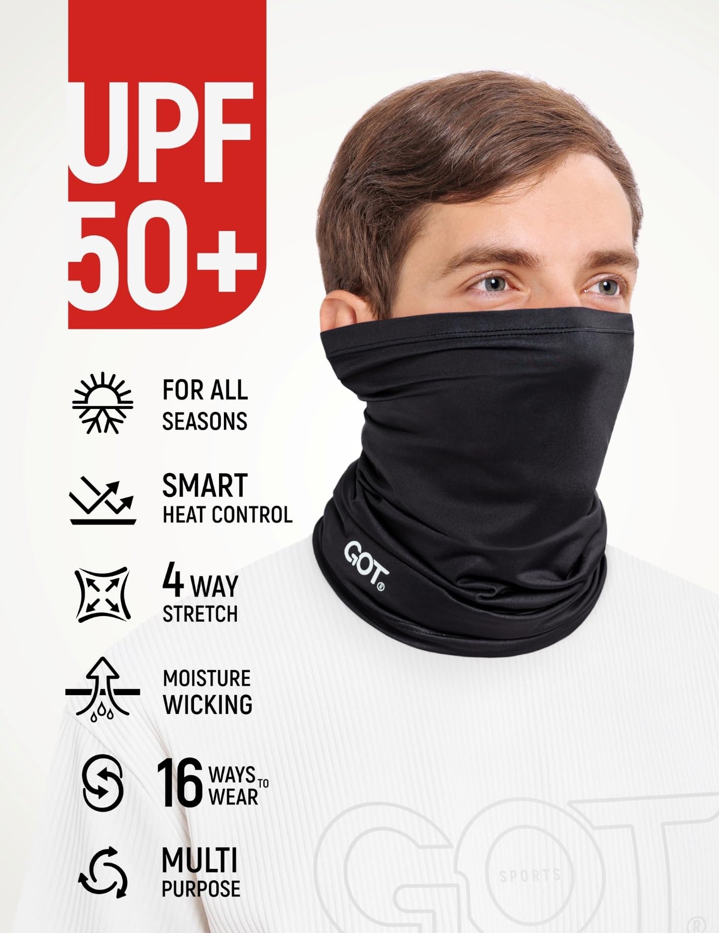 GOT Sports Cooling Neck Gaiter - UPF 50+ Fishing Face Mask for Men Women - Thermoregulation & UV Sun Protection (Black)