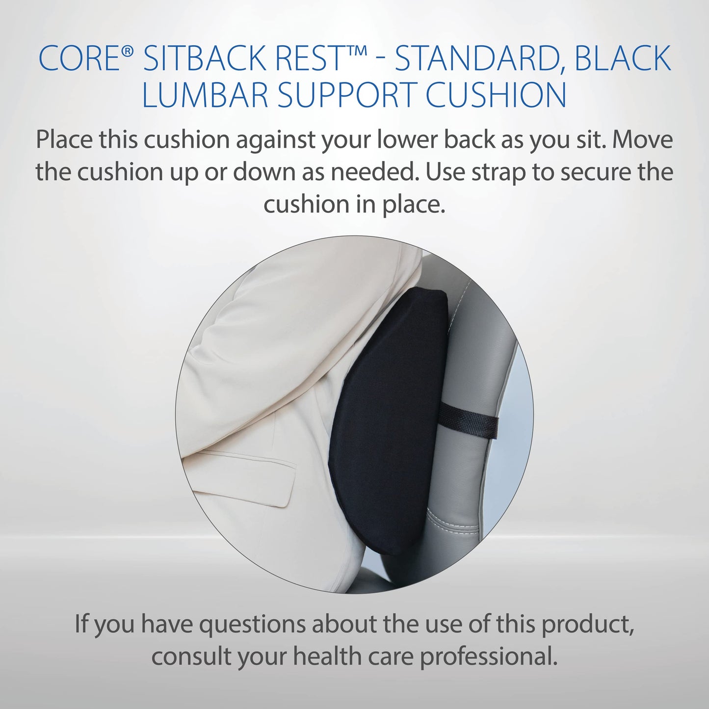 Core Products Sitback Rest Cushion Lumbar Support for Lower Back & Office Chair, Adjustable Strap Contoured Foam, Black - 13" x 14" x 5", Made in the USA