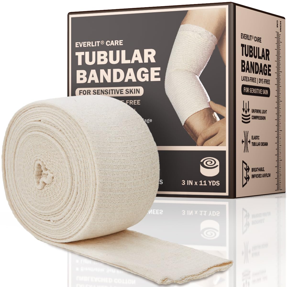 EVERLIT 560D Cotton Blend Elasticated Tubular Support Bandage | Latex-Free, Extra-Thick Breathable Stockinette for Arm, Knees, Legs | Moderate to High Compression for Sensitive Skin (D | 3" x 11 yd)