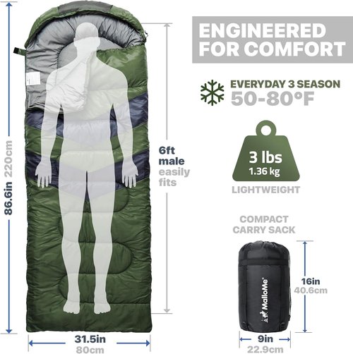 MalloMe Sleeping Bags - Cold Weather Backpacking & Camping Gear for Kids 10-12 | Lightweight & Compact