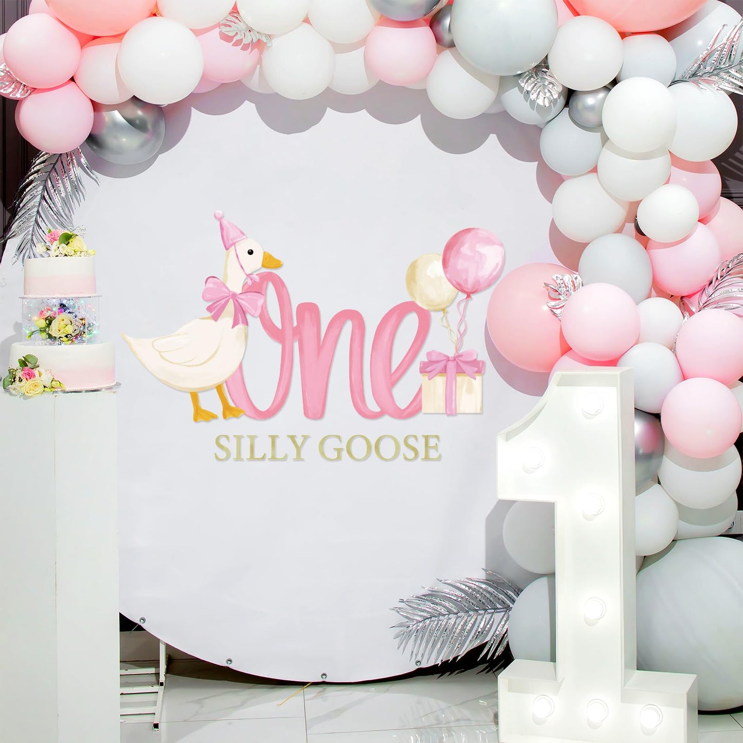 JarThenaAMCS One Silly Goose Party Decal Sign Pink First Birthday Wall Sticker Pink Bow Goose Sweet Party Backdrop Photo Prop for 1st Girl Birthday Balloon Arch