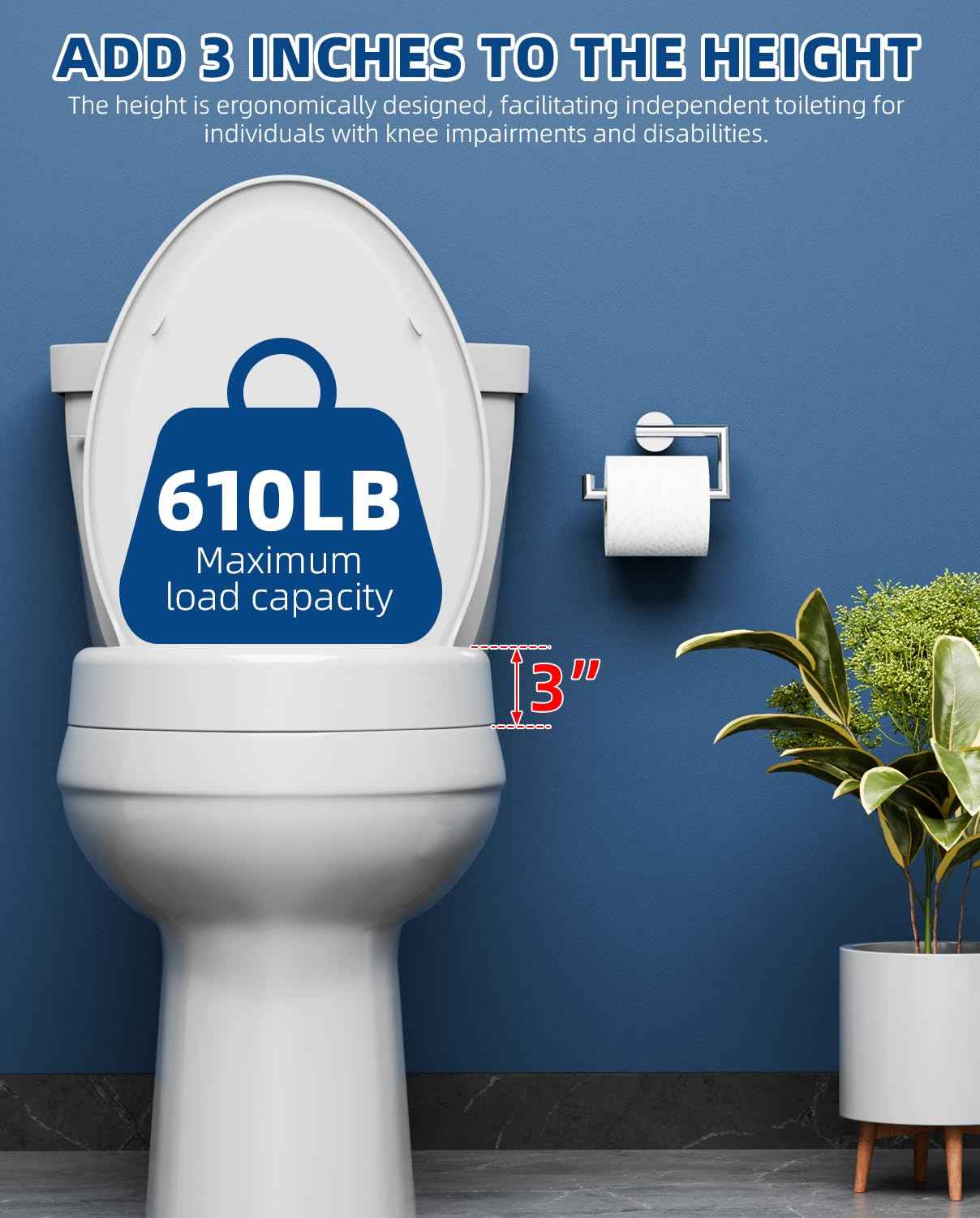 Elevated Toilet seat 3 inch, Elongated Toilet seat risers for Seniors, Slow Close, Heavy Duty, Never Loosen, Raised Toilet seat Elongated Bowl, White(18.5”)