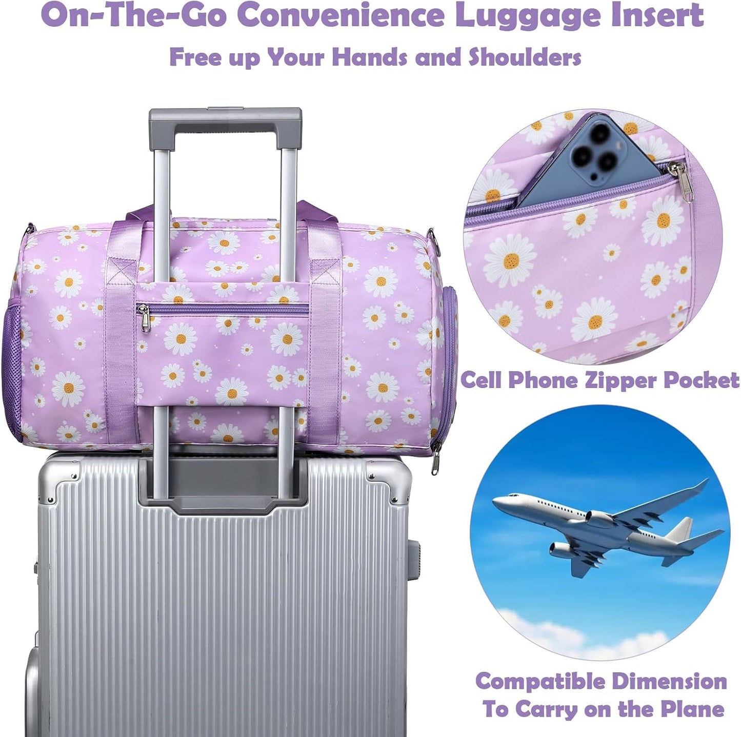 Skiennix Duffle Bag - Purple Daisy Dance & Gym Bag with Wet & Shoe Compartments | Perfect for Sleepovers & Travel