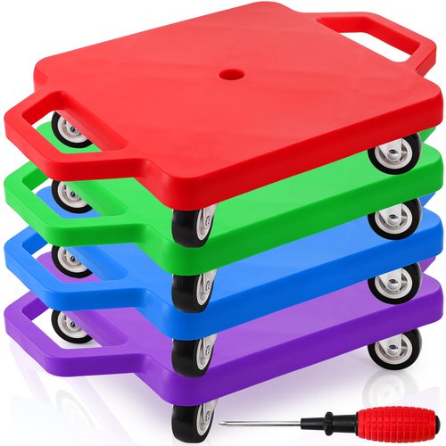 AVLA 4 Pack Sports Scooter Board with Handles, Plastic Casters Floor Scooters for Kids, Indoor Sitting Scooter with Rollers, Physical Education for Home, Homeschool Supplies