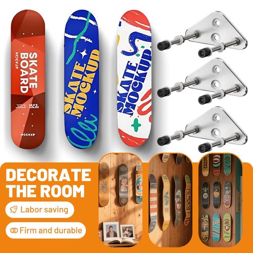 ROKENPOY 6 Packs Skateboard Wall Mount Aluminum Skateboard Hanger with Two Screw Holes for Display Skateboard Deck Storage Horizontal and Floats Vertically
