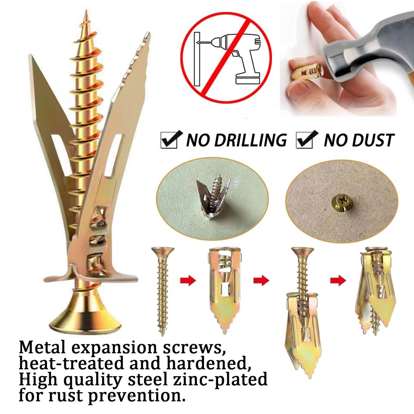 100Pcs Self Drilling Drywall Anchors, Metal Expansion Bolt for Drywall No Drilling Required, for Hanging Sheetrock (50PCS Steel Anchors and 50PCS Zinc Screws)