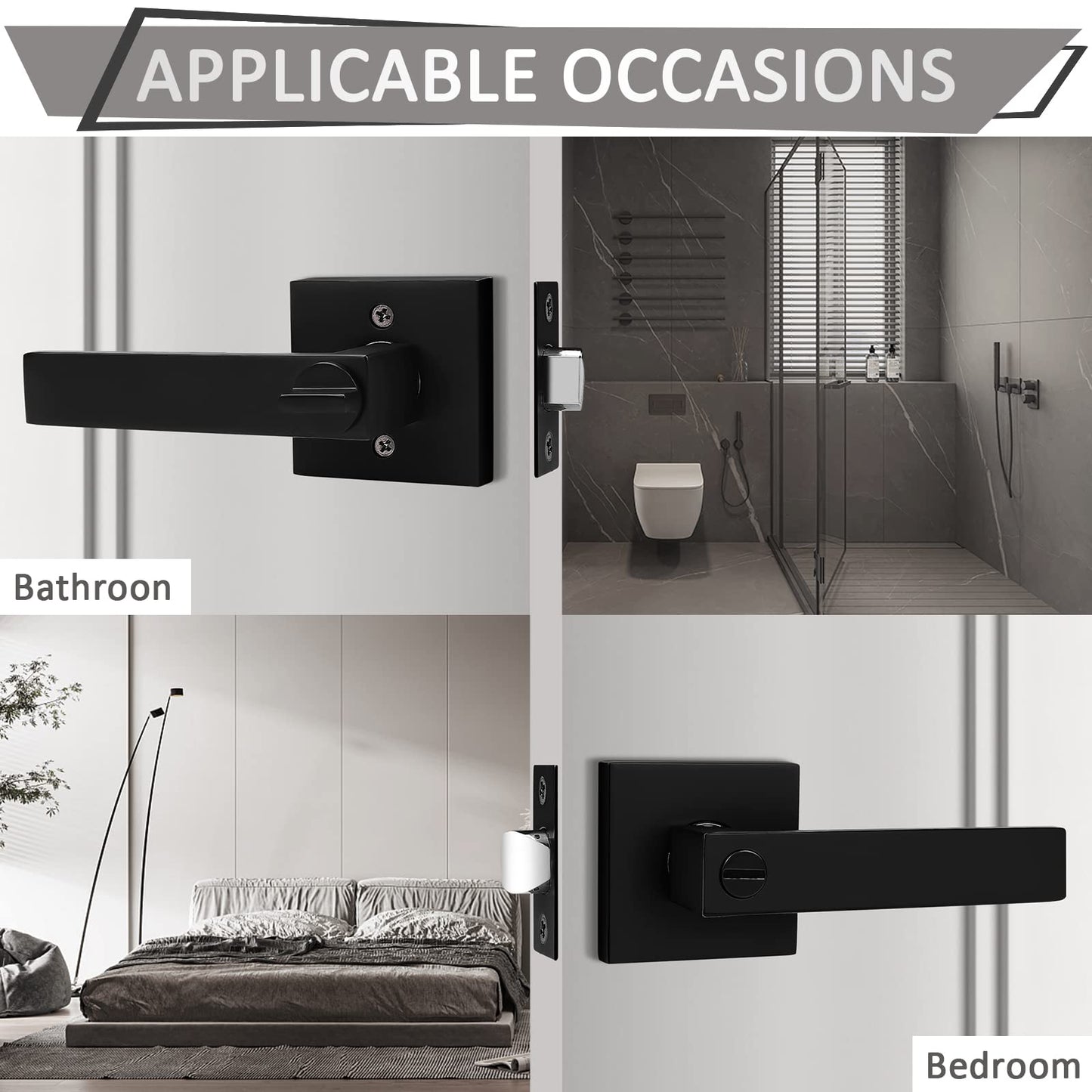 Probrico 4 Pack Square Privacy Door Levers Black Privacy Door Handles Lock Handleset Keyless Lockset Door Knobs Interior Handles for Bedroom & Bathroom