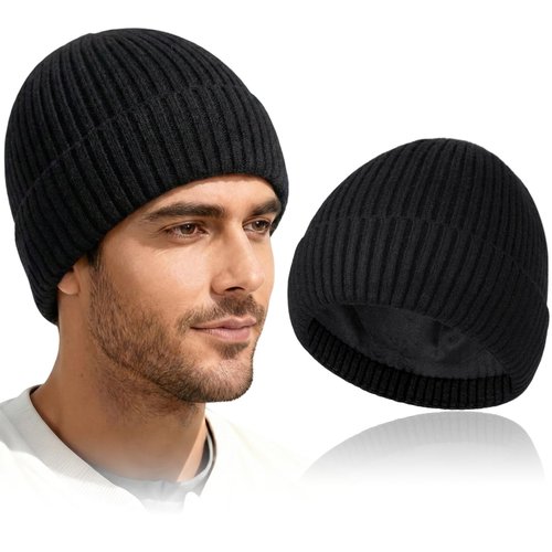 DACKRITO Thick Fleece Lined Knit Beanie for Men & Women – Warm Winter Cuffed Hat for Cold Weather Outdoor Wear Black