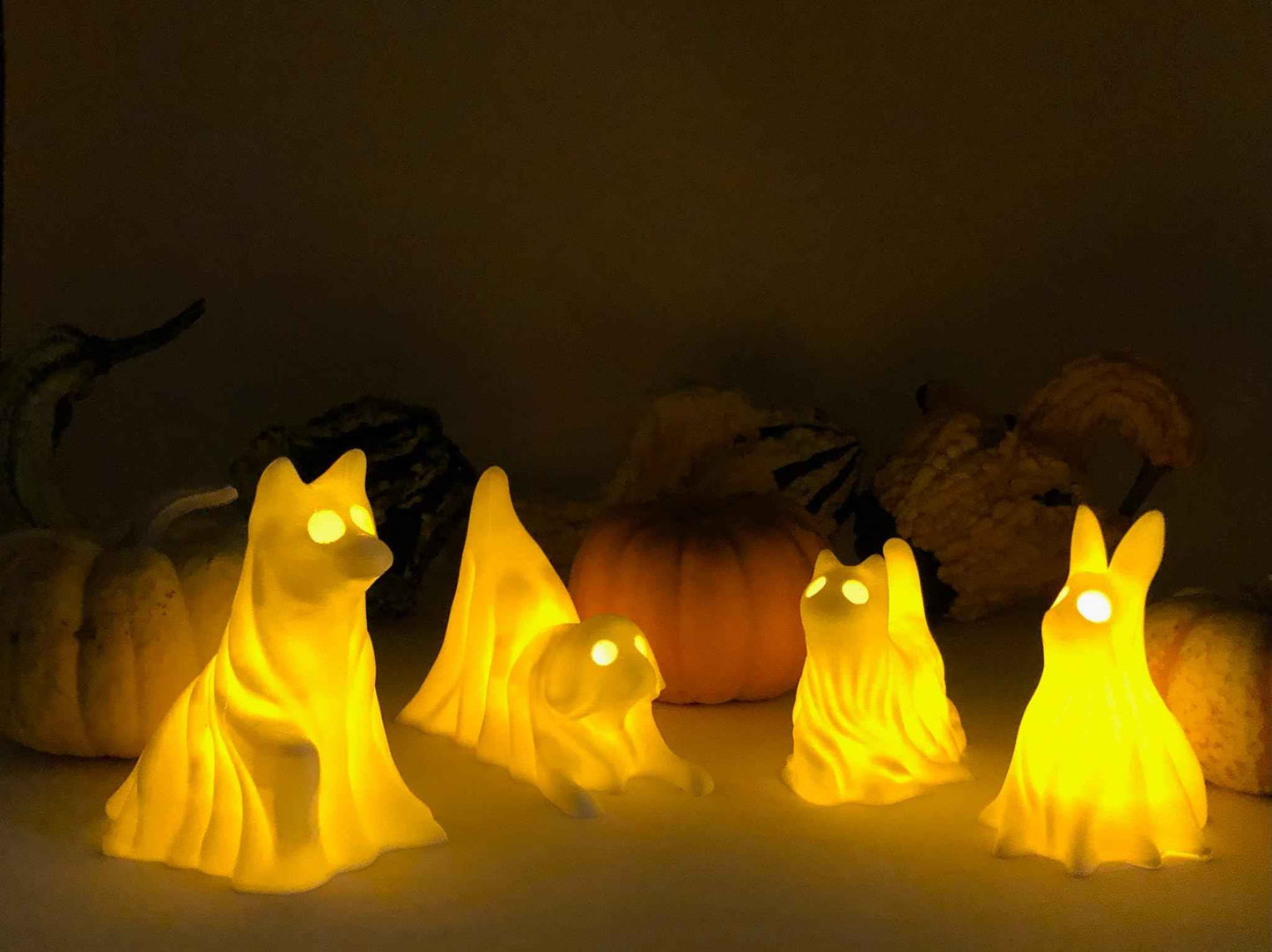 MunnyGrubbers - 4 Pack Glowing Ghost Dog With LED Tea Lights - Includes Bunny & Cat - Halloween Home Decor - Office Desk - LED Night Light - Spooky (Combo-Pack)