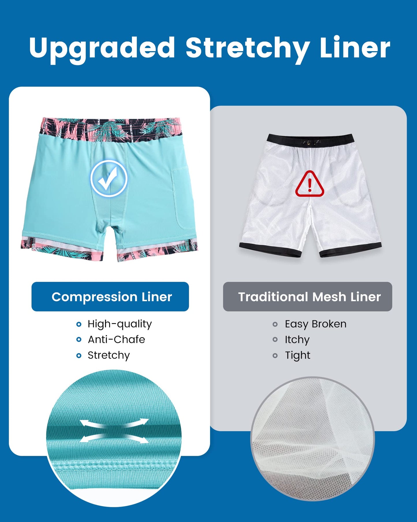 maamgic Mens Swim Trunks with Compression Liner 5 Inch, Quick Dry Bathing Suit with Zipper Pockets, Stretch No-Chafing Swim Shorts, Pink- Black Palm Large