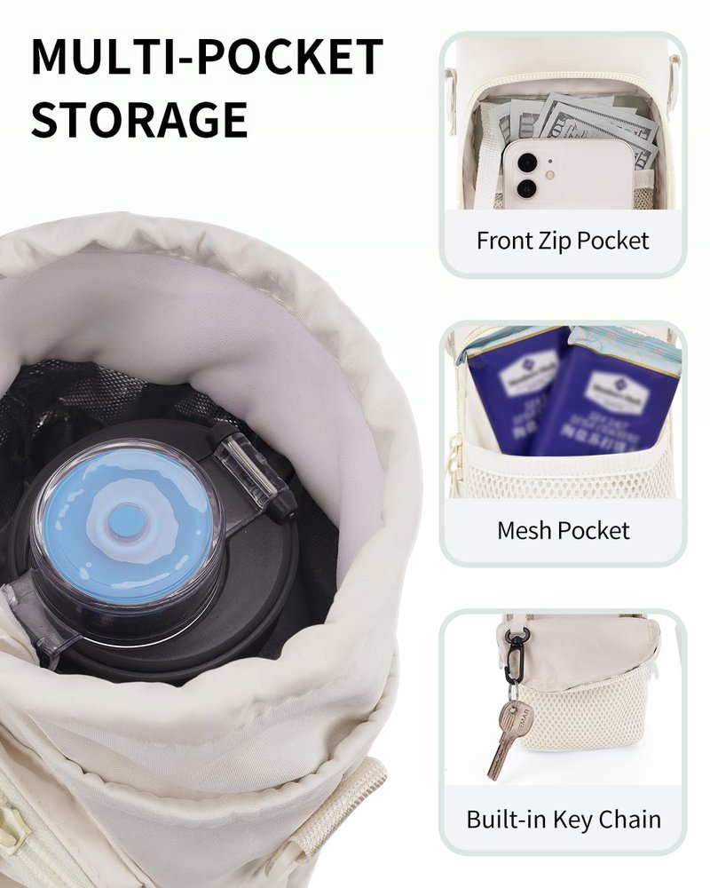 sportsnew Water Bottle Carrier Bag 32 OZ Water Bottle Holder Bag with Drawstring Closure Adjustable Shoulder Strap Insulated Water-Resistant Bottle Bag for Walking Hiking, Black Patent Pending