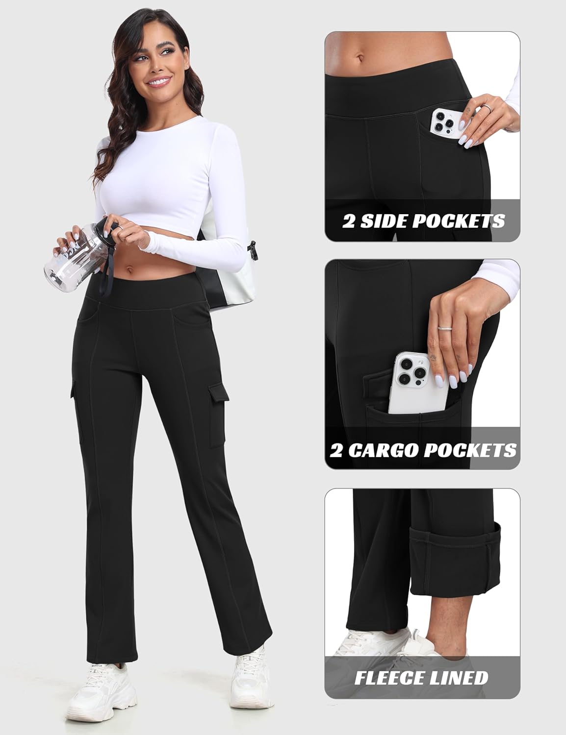 MoFiz Women's Fleece Lined Cargo Pants - Water Resistant Thermal Leggings | Black, Size L