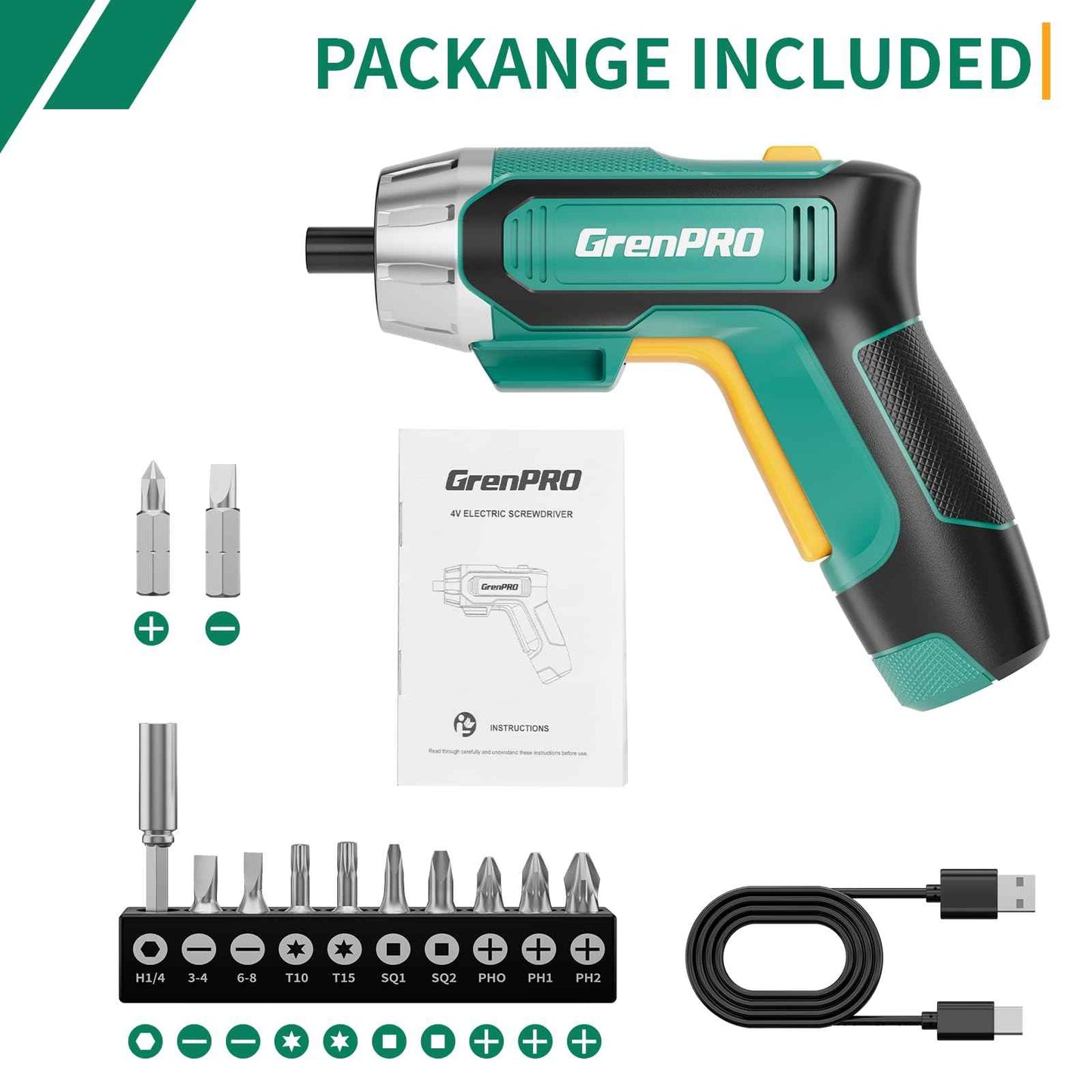 GRENPRO 4V Electric Screwdriver Rechargeable, Cordless Screwdriver 9pcs Bit with 1pc Bit Holder, USB Small Power Screwdriver Set with Bits, Green
