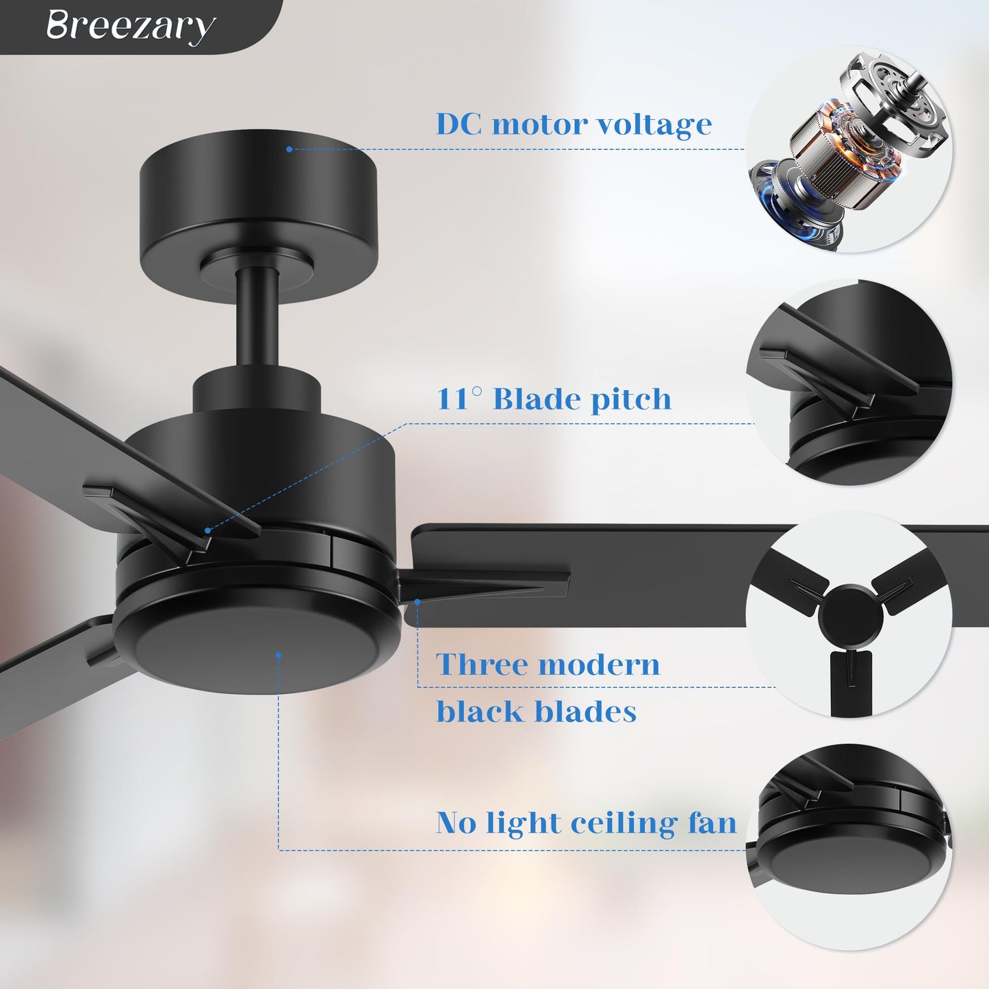 Breezary 48 Inch Industrial Ceiling Fans without Lights Remote Control, 6-Speed, Reversible DC Motor, 3 Blades, Modern Indoor/Outdoor Ceiling Fan No Light for Patio Home Office, Black
