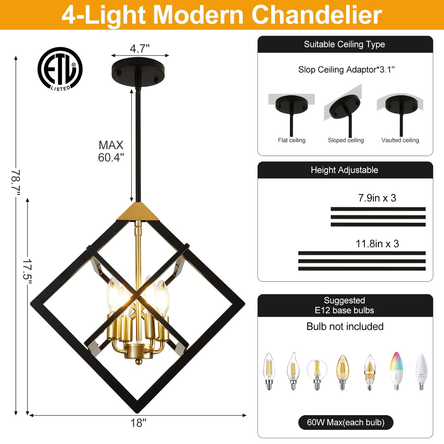 18" Farmhouse Chandelier, 4-Light Geometric Ceiling Dining Room Fixture, Modern Industrial Foyer Lighting Fixtures, Black and Gold Hanging Pendant Lights for Bedroom, Kitchen Island, Hallway, Entryway