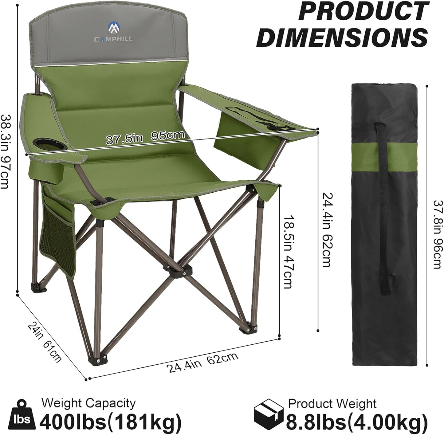 Skiennix Oversized Camping Chairs 2 Pack - Heavy Duty 400LBS Padded Lawn Chairs with Cooler Bag & Cup Holder | Olive Green