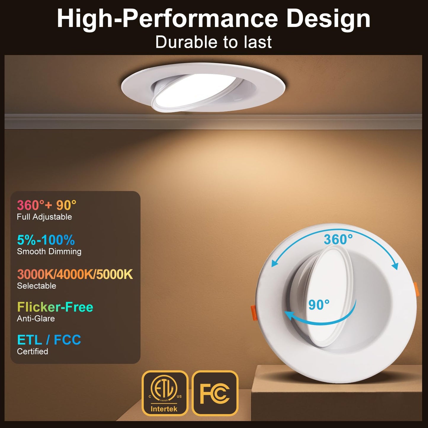Lightdot 6 Pack 6 Inch LED Gimbal Recessed Lighting, 360°+90° Adjustable, 3CCT Selectable & Dimmable (5%-100%), 1300LM Ultra Bright Canless Downlight, ETL/FCC Certified for Living Room/Kitchen-White