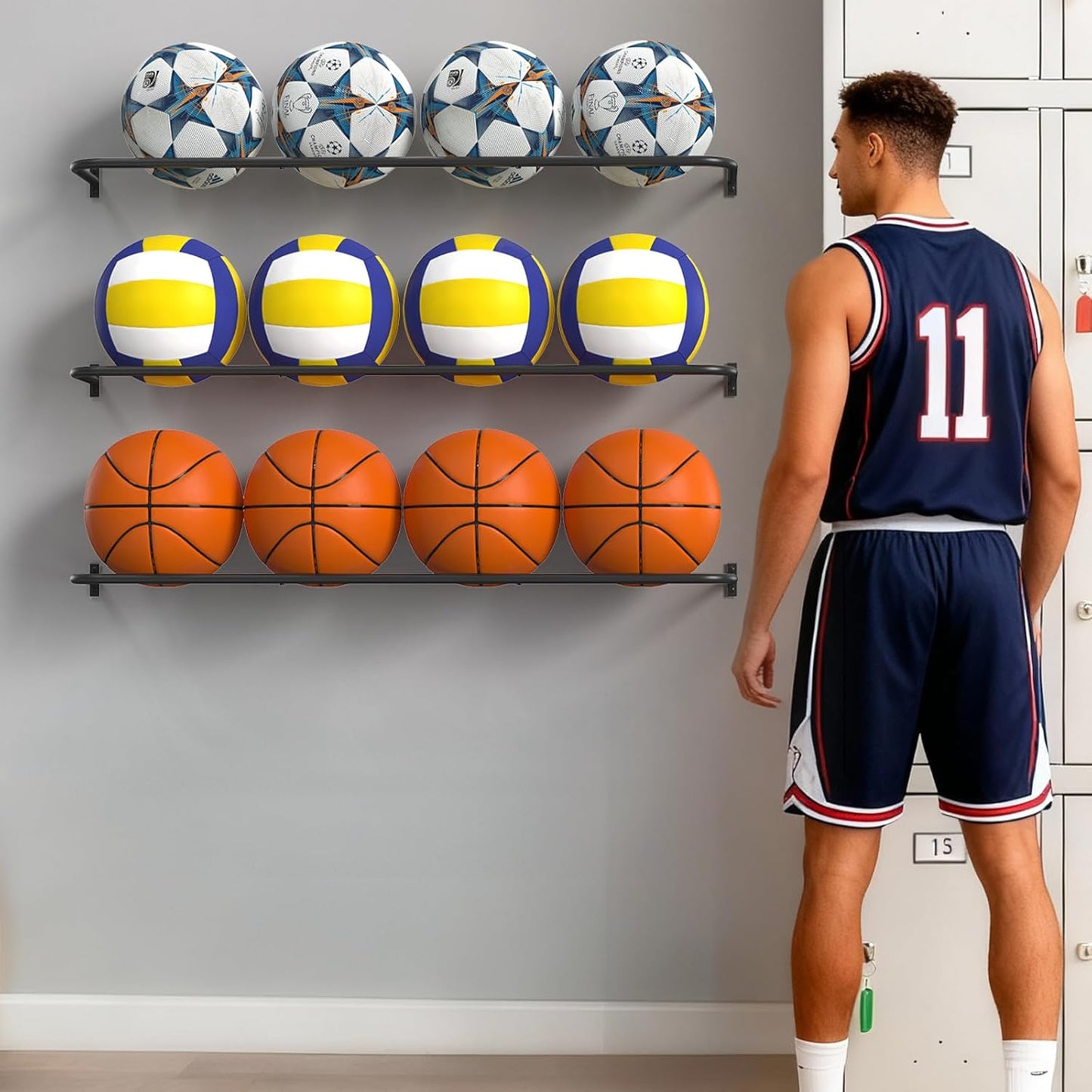 Wall Mount Ball Rack - Skiennix Garage Sports Equipment Organizer | 12-Ball Capacity, 3 Shelves